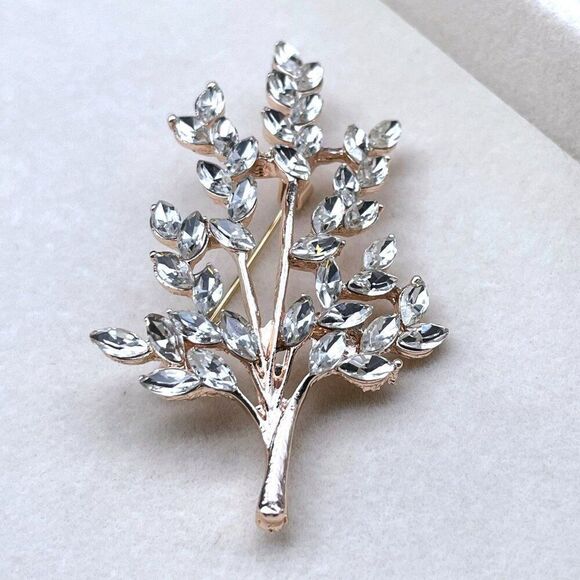 Rose Gold with White Diamond Crystal Tree Branch with Leaves Pin Back Brooch - Picture 4 of 9